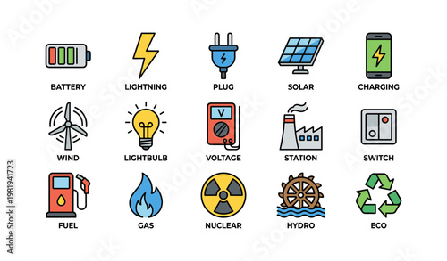 Renewable and non-renewable energy icons: battery, solar, wind, nuclear, hydro