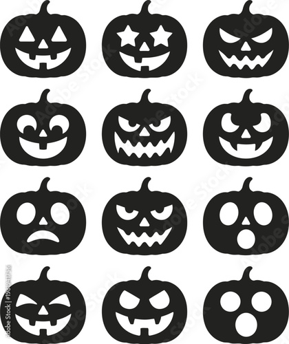 Halloween pumpkin set illustration with spooky cartoon icons including pumpkins, ghosts, bats, and Halloween holiday symbols