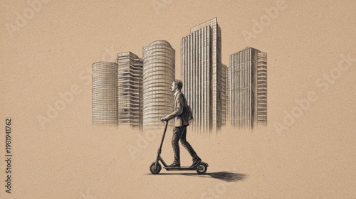Artistic depiction of a suited individual scooting in front of a city skyline