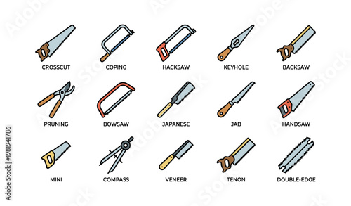 Various types of hand and wood saws with specific uses and designs illustrated
