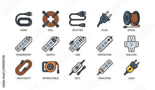 Electrical cords, plugs, and power accessories collection illustration
