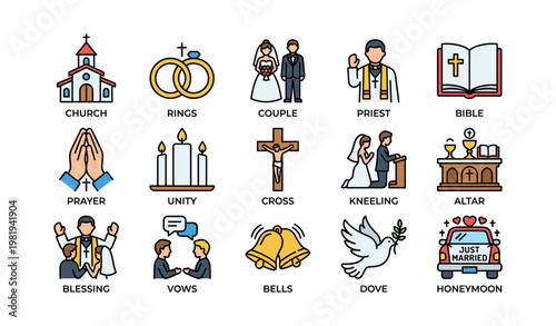 Symbols of christian wedding ceremony: church, rings, priest, bible, unity, vows