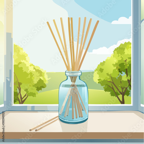 Duftstäbchen im Glasflakon auf Fensterbank