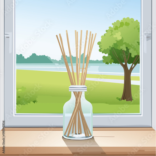 Duftstäbchen im Glasflakon auf Fensterbank