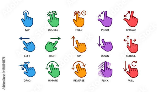 Colorful touch gesture icons: tap, pinch, scroll, rotate, flick, pull, navigate