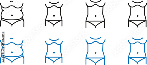Minimalist female body transformation icons, weight loss progress line art, set of 8 female torso vector elements for fitness and diet tracking
