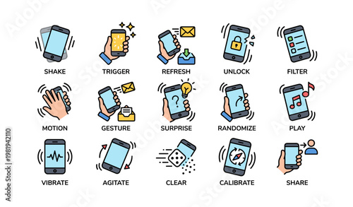 Diverse smartphone gestures and icons illustrating various functions and notifications