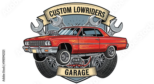Custom Lowrider Car Garage Mechanics Tools Emblem Retro Vehicle