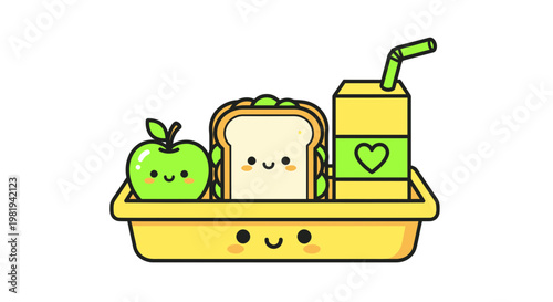 Cute Kawaii Lunchbox with Sandwich, Apple, and Juice Box