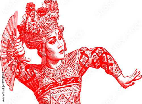 A vintage engraved illustration of a graceful Balinese dancer in ornate traditional costume, performing in an elegant cultural setting with musicians and intricate decorative details.