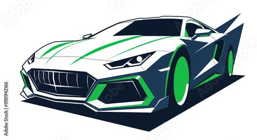Futuristic Sports Car - Sleek Design, Green Accents, White and Blue