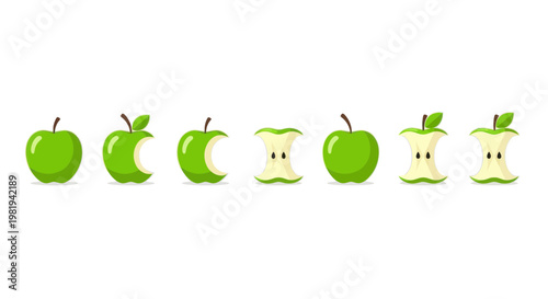 Green Apple Stages: Whole, Bitten, and Core Remains