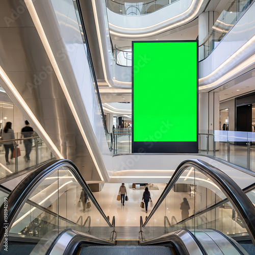 Modern shopping mall interior with elegant escalators and a prominent blank green screen digital billboard for customizable advertising display