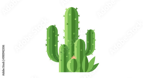Vibrant Green Cactus Plant Illustration with Spines and Small Flower