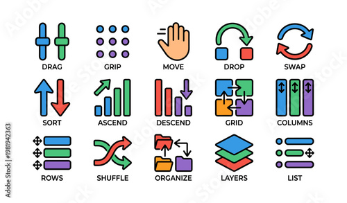 Colorful interface icons for sorting and organizing tasks