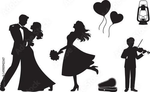 Silhouette vector illustration of couple and people love romance wedding and family scene
