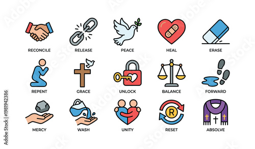 Icons of peace, healing, and unity in justice and mercy themes