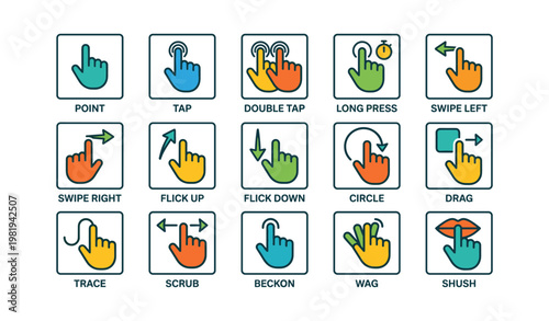 Colorful gesture icons for touchscreen navigation and interaction