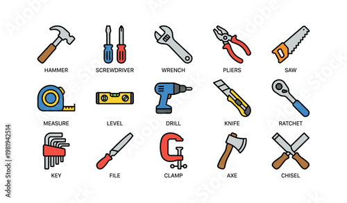 Diverse hand tools collection: hammer, screwdriver, wrench, pliers, saw, drill, axe