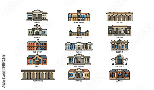 Iconic architectural styles: classic, renaissance, arcade, dome, gable, portico designs