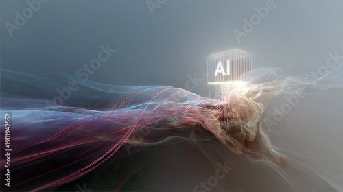  Flowing digital tech background with the words AI. A futuristic design representing AI technology