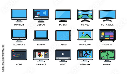 Tech devices icons: monitors, laptops, tablets, projectors, smart tvs, graphics, video, gaming