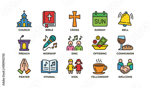 Colorful church symbols illustration with cross, bible, and community icons
