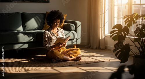 Young woman reading book cross-legged on the floor in sunlight, near a green sofa. Represents relaxation, learning, and personal time in a bright home interior