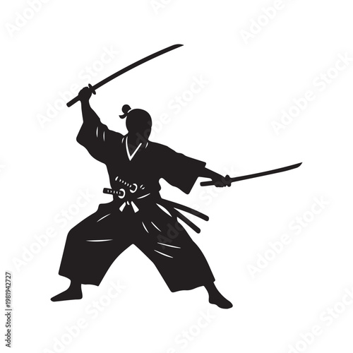 Black silhouette of a samurai warrior dual wielding katana swords in a dynamic fighting pose vector illustration
