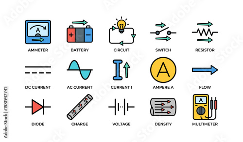 Electrical components and symbols: ammeter, battery, circuit, diode, voltage