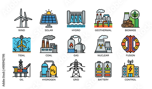 Renewable and non-renewable energy icons featuring solar wind nuclear and biomass sources