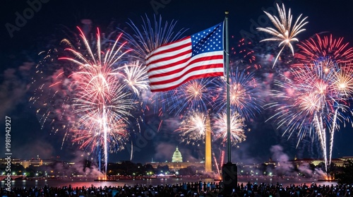 Star-Spangled Spectacle: A vibrant display of fireworks illuminates the night sky, celebrating freedom and national pride, with the American flag proudly waving in the foreground.