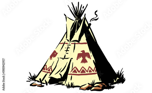 Wilderness camp. Summer adventure, explore nature and mountain life. Teepee graphic print design for t-shirt, poster, sticker, and outdoor gear.