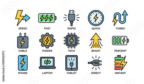 Icon set illustrating modern charging concepts with symbols for speed and technology