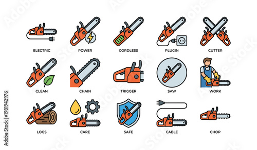 Chainsaw icons: electric and cordless tools for cutting and safety