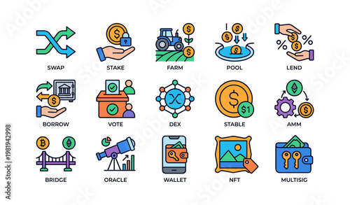 Blockchain financial concepts icons: swap, stake, farm, pool, lend