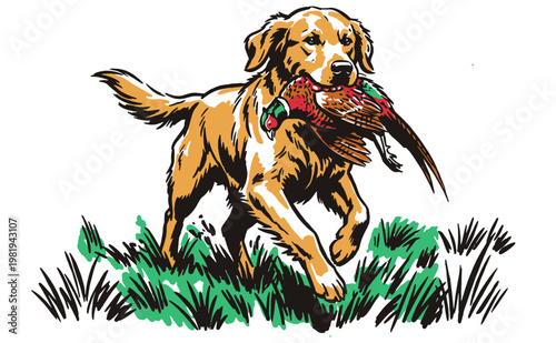 Sporting dog artwork. Dedicated gundog retriever graphic. Classic hunting club illustration for apparel, poster, and outdoor heritage design.