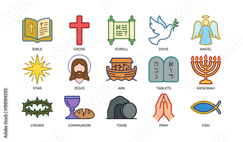 Colorful christian symbols: bible, cross, scroll, angel, dove, and more illustrated icons