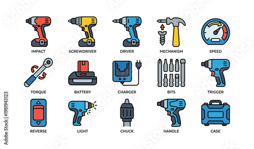 Assorted power tools icons including drill, hammer, screwdriver, and more
