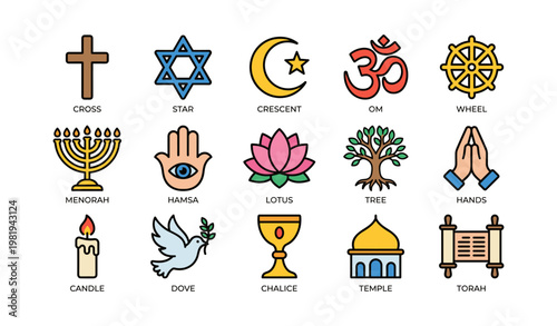 Religious symbols collection: cross, star, crescent, om, wheel, and more