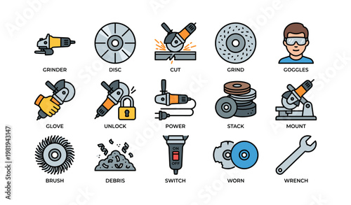 Workshop tools and safety gear illustrations featuring grinder and goggles