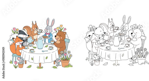 Forest animals garden tea party cartoon vector illustration with coloring book page version for kids featuring cute rabbit bear fox squirrel and badger in a nature setting