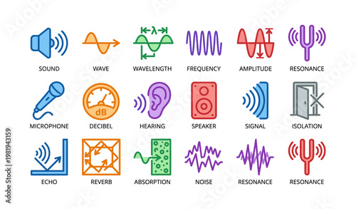 Audio symbols: sound, frequency, amplitude, and resonance icons