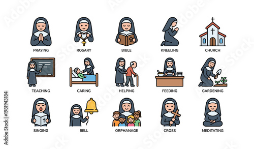 Nuns engaged in prayer, caregiving, and community activities illustrated icons