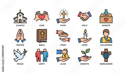 Charity symbols collection: faith, hope, love, peace, unity, helping hands, prayer icons