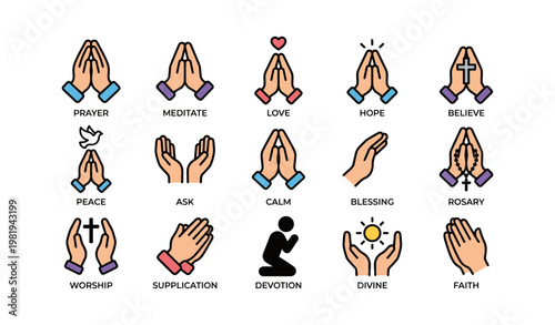 Prayer and meditation icons including love, hope, faith, peace, and devotion