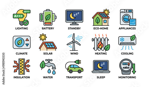 Eco-friendly energy and efficiency icons: solar, wind, insulation, and appliances