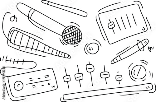 Hand drawn doodle set featuring musical equipment and sound recording gear for modern music production studios