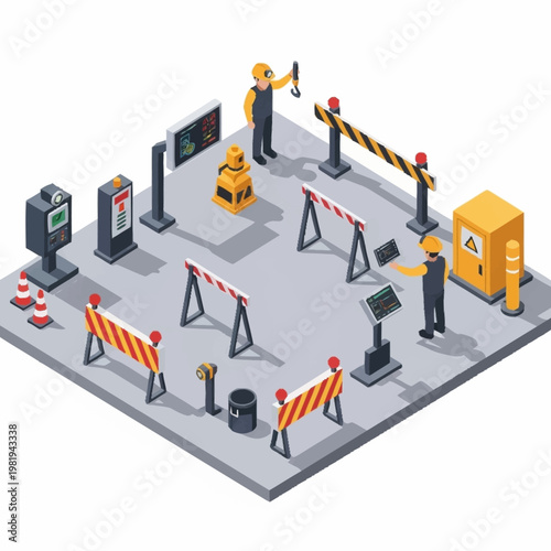 Isometric illustration of a construction site with safety barriers, traffic cones, and workers.