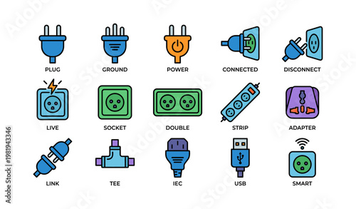 Colorful electrical plug and socket icons in various styles and functions